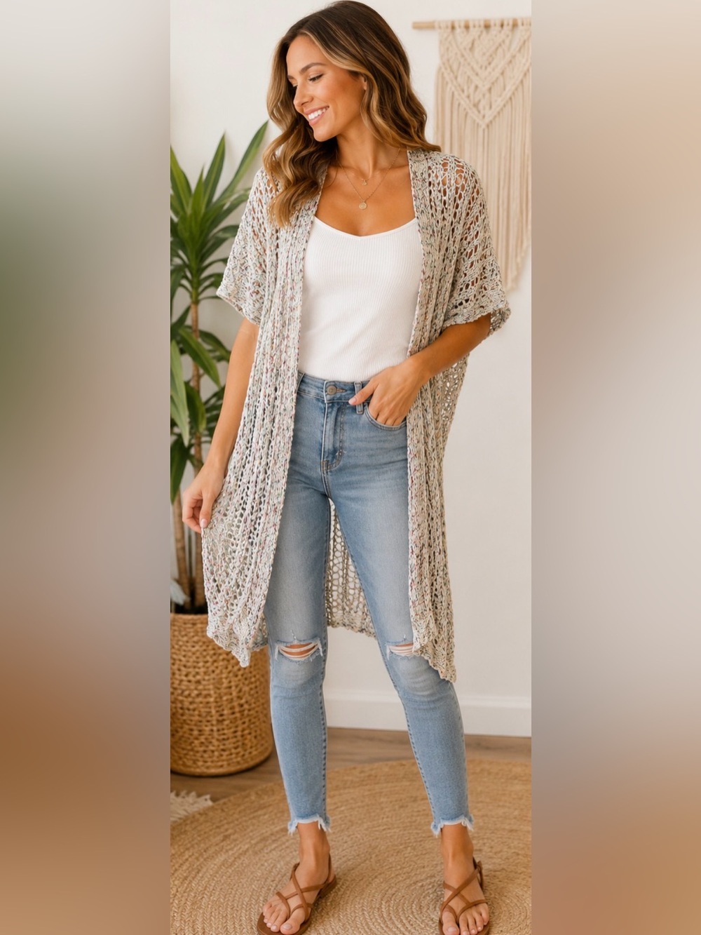 233 POL Open Knit Confetti Cardigan Small Boho Duster Lightweight Crochet Layer